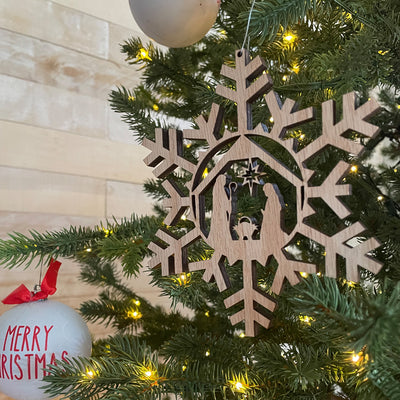 Christmas Ornament, Wooden Snowflake Nativity Ornament, Christmas Tree Decoration, Unique Holiday Decor, Festive Seasonal Charm
