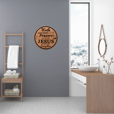 Wash Your Hands Sign  in wood finish on gray wall.