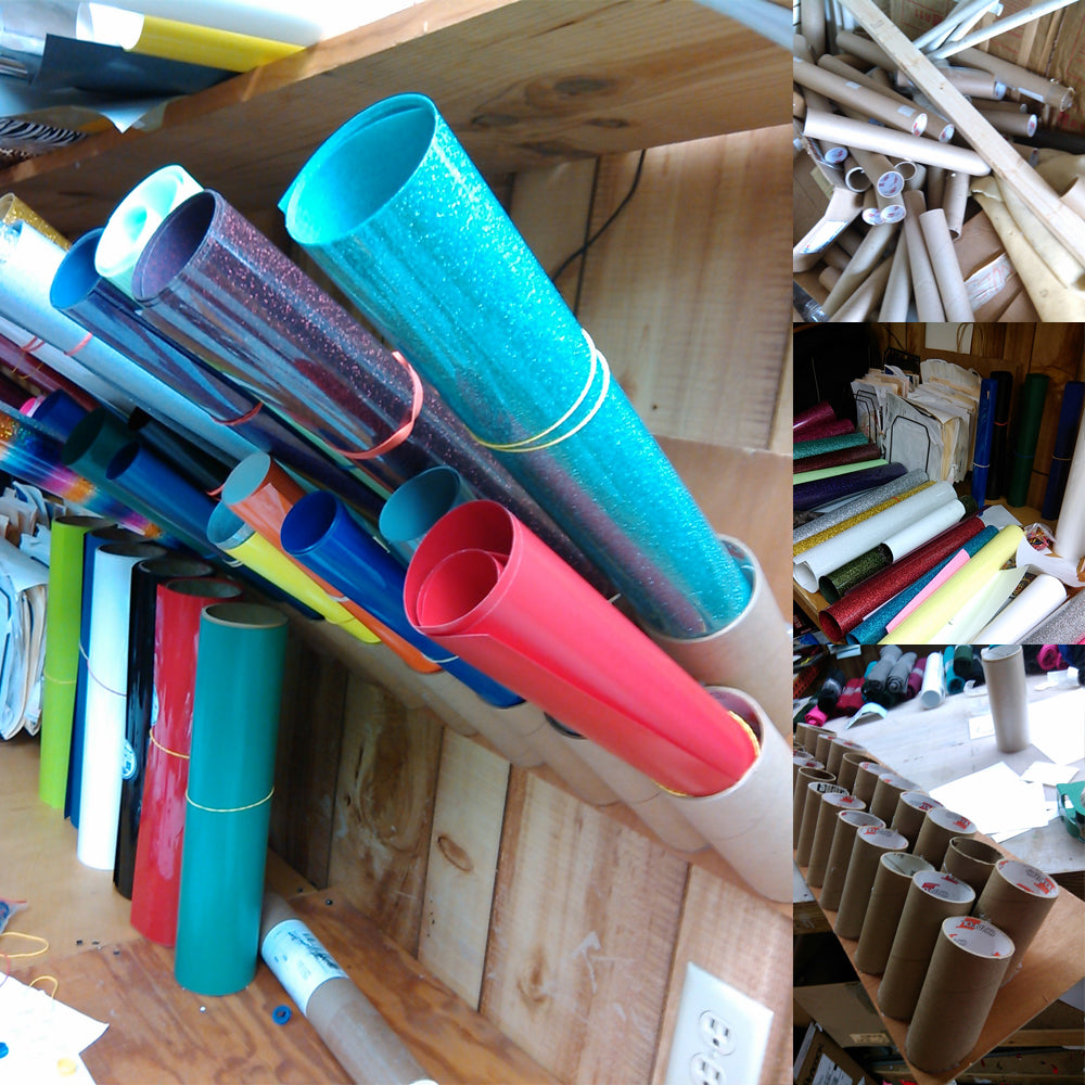 Recycled Vinyl Storage Rack made from cardboard tubes. - Jass Graphix