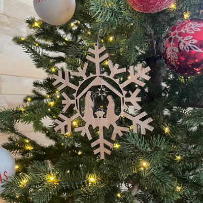 Christmas Ornament, Wooden Snowflake Nativity Ornament, Christmas Tree Decoration, Unique Holiday Decor, Festive Seasonal Charm