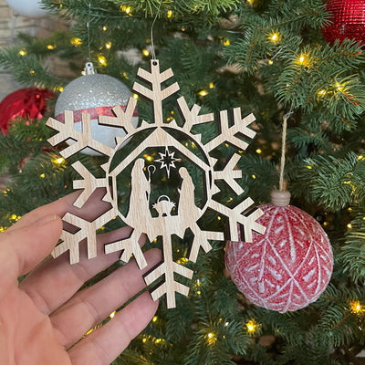 Christmas Ornament, Wooden Snowflake Nativity Ornament, Christmas Tree Decoration, Unique Holiday Decor, Festive Seasonal Charm