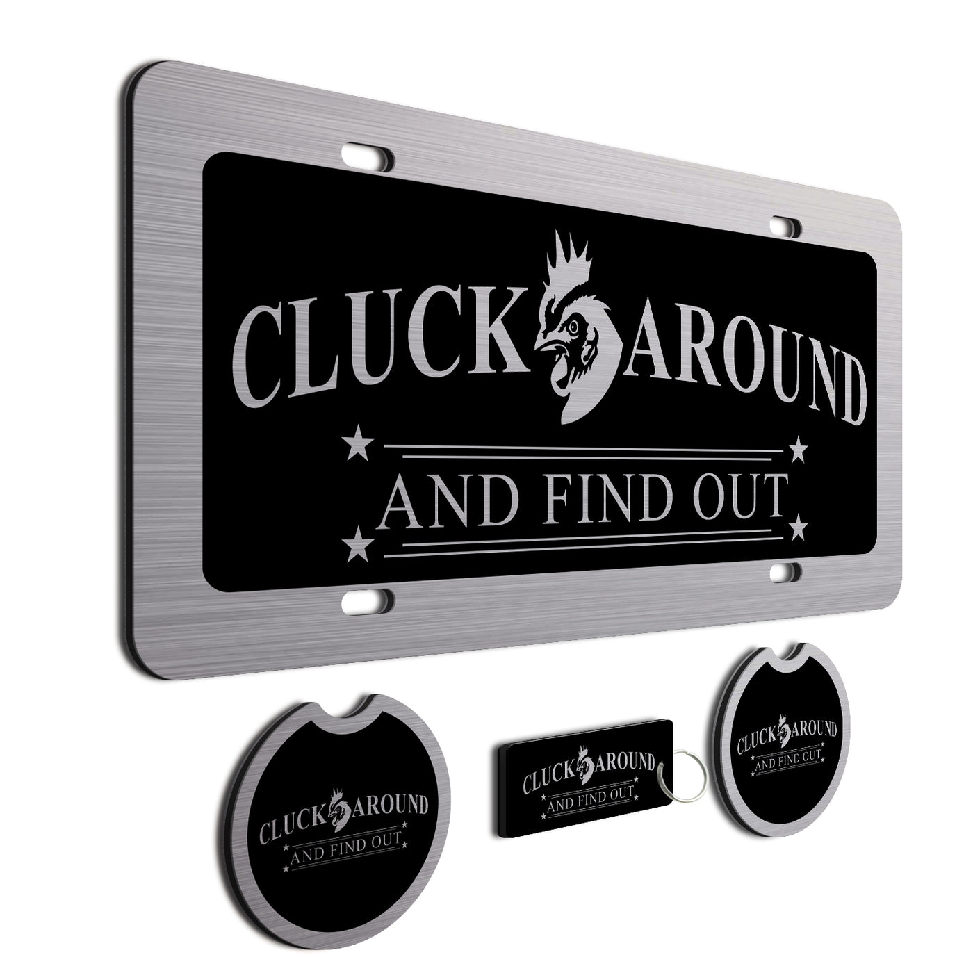 Cluck Around and Find Out Car Tag - Chicken Farmer License Plate Set - Perfect Farmer Gift for Farm Use and Truckers - Made in the USA - Includes 2 Coasters and Keychain
