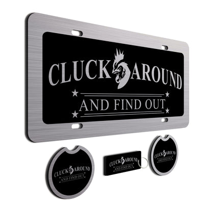 Cluck Around and Find Out Car Tag - Chicken Farmer License Plate Set - Perfect Farmer Gift for Farm Use and Truckers - Made in the USA - Includes 2 Coasters and Keychain