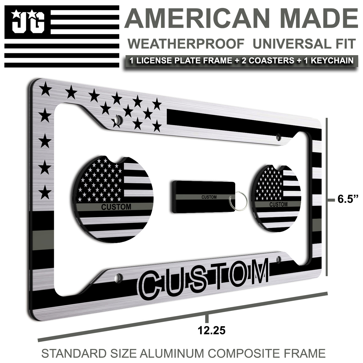 Made In USA - Personalized American Flag License Plate Frame + 2 Coasters and a Keychain