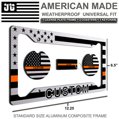 Made In USA - Personalized American Flag License Plate Frame + 2 Coasters and a Keychain