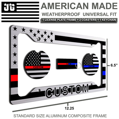 Made In USA - Personalized American Flag License Plate Frame + 2 Coasters and a Keychain