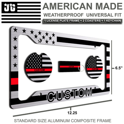 Made In USA - Personalized American Flag License Plate Frame + 2 Coasters and a Keychain