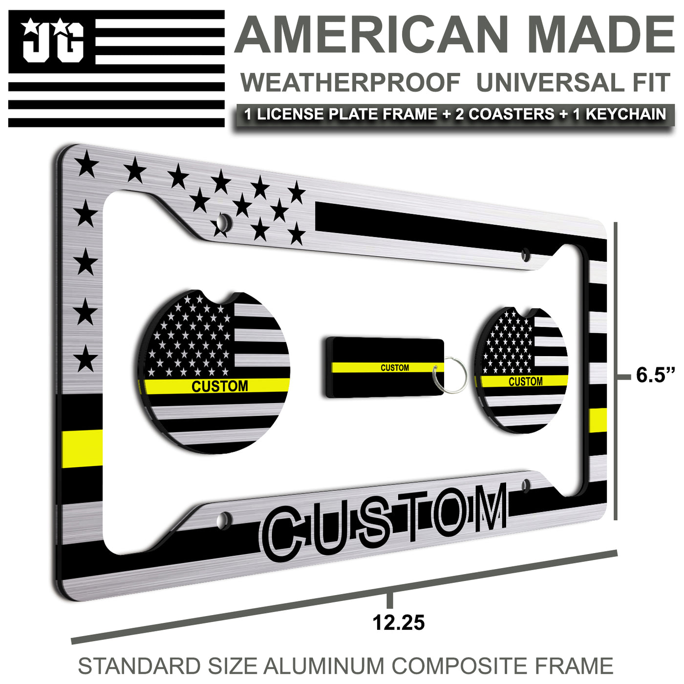 Made In USA - Personalized American Flag License Plate Frame + 2 Coasters and a Keychain