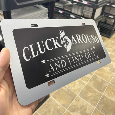 Cluck Around and Find Out Car Tag - Chicken Farmer License Plate Set - Perfect Farmer Gift for Farm Use and Truckers - Made in the USA - Includes 2 Coasters and Keychain