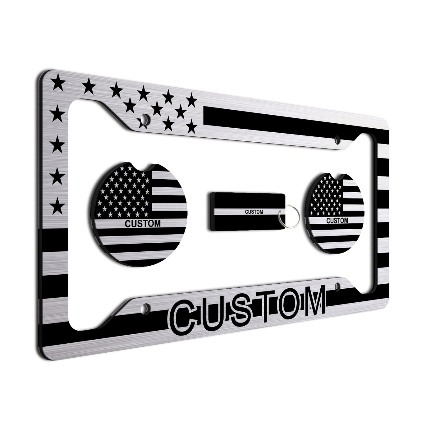 Made In USA - Personalized American Flag License Plate Frame + 2 Coasters and a Keychain