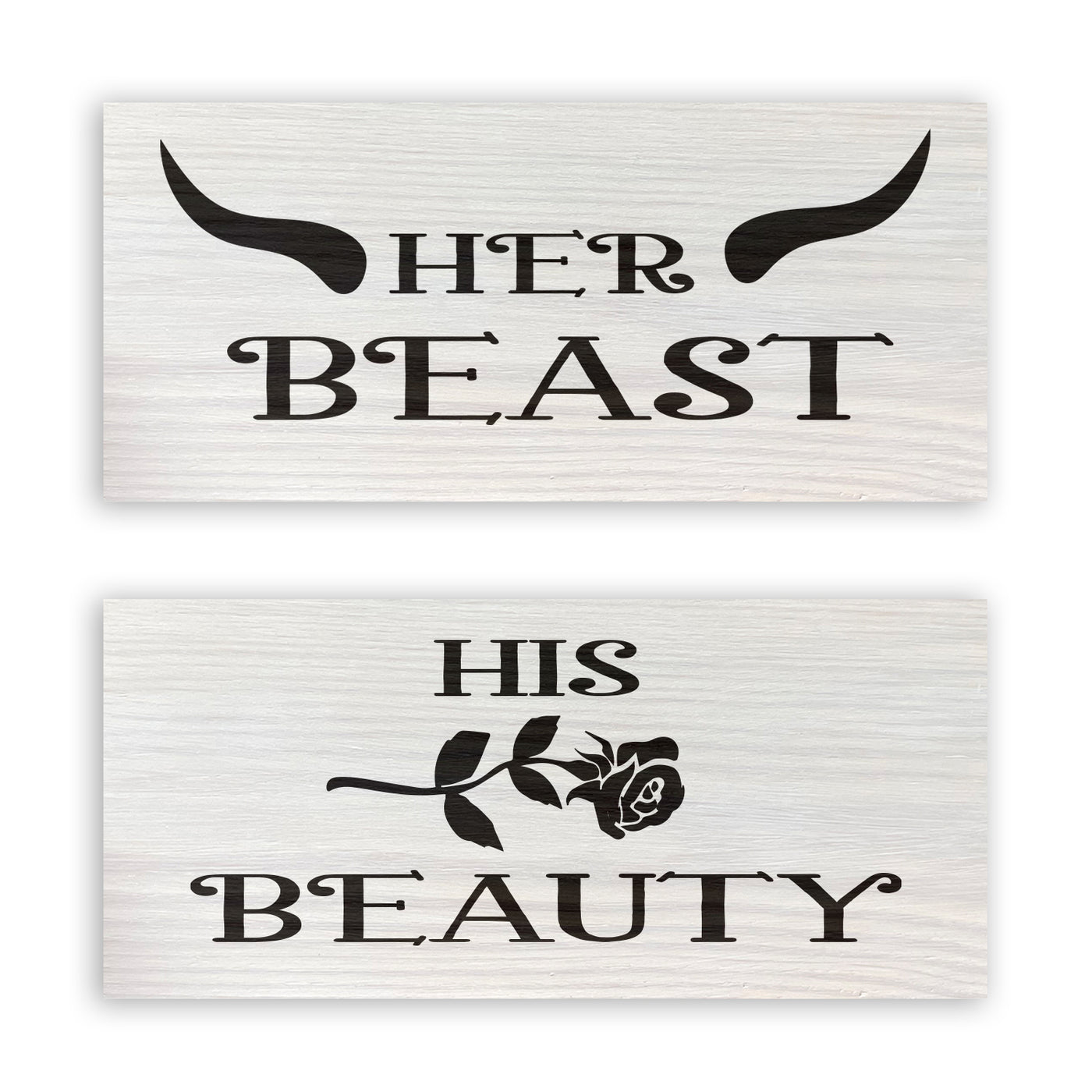 Her Beast block with horn graphic and His Beauty with rose graphic blocks 