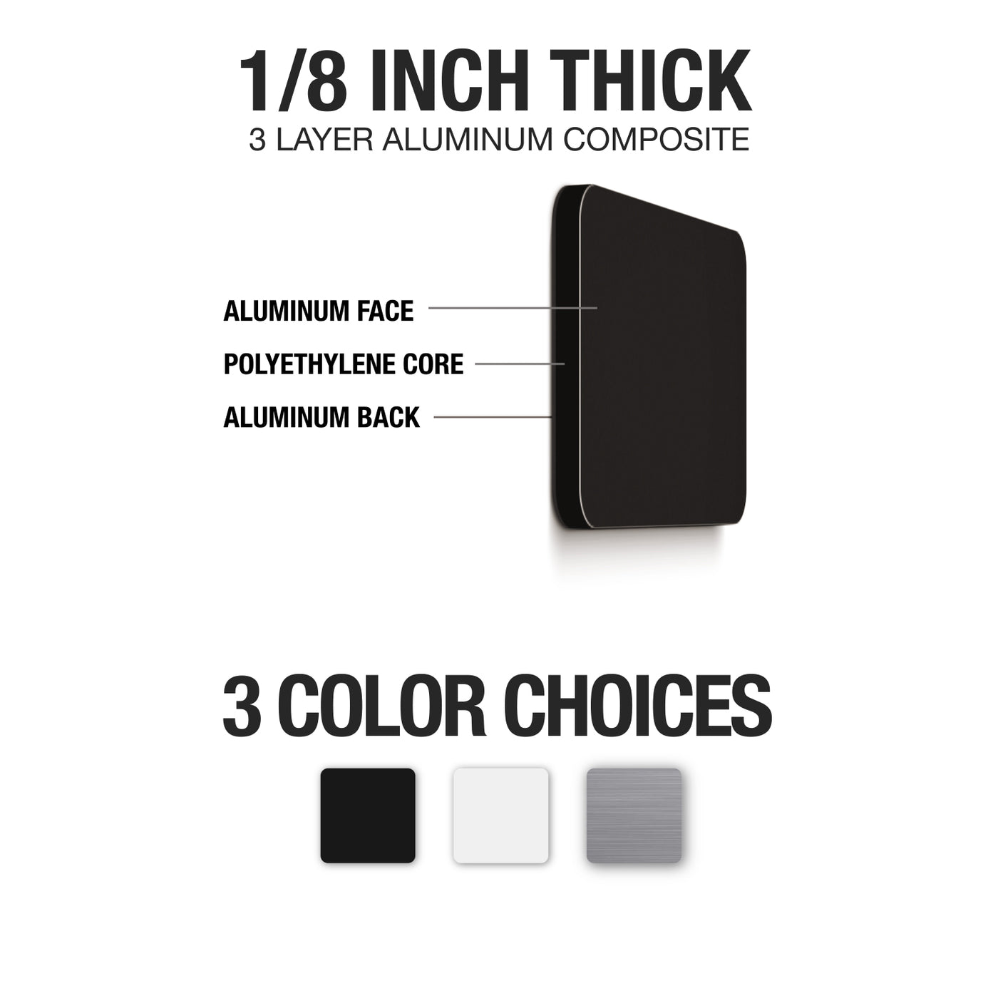 Graphic of 1/8 inch thickness and color choices.
