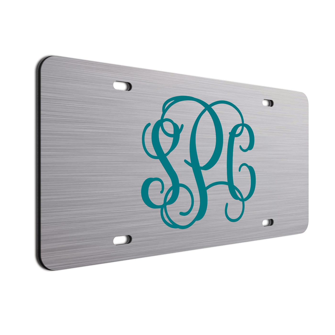 Teal font on brushed finish