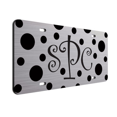 Monogram Polkadots Curls Car License Plate Black