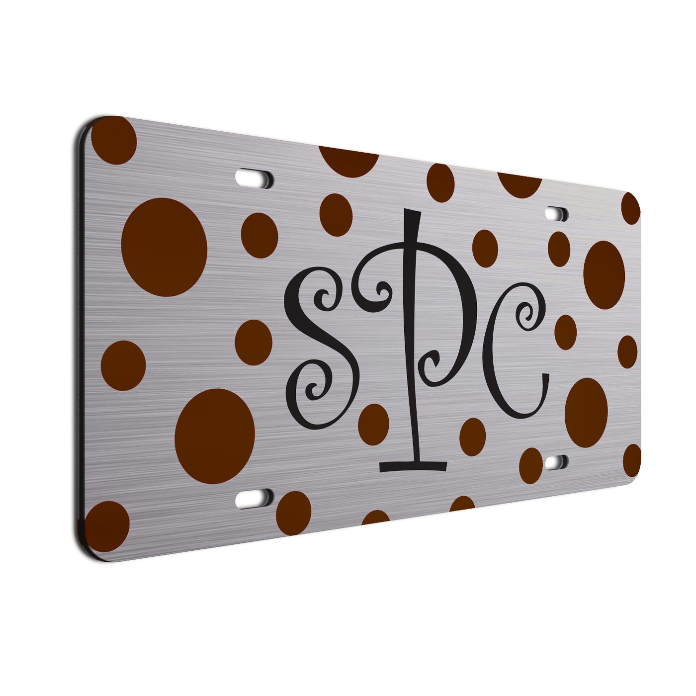 Monogram Polkadots Curls Car License Plate Brown