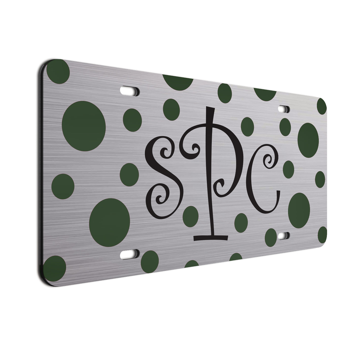 Monogram Polkadots Curls Car License Plate Dark Green