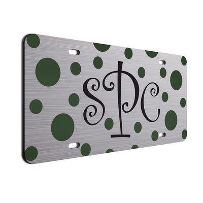 Monogram Polkadots Curls Car License Plate Dark Green