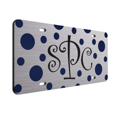 Monogram Polkadots Curls Car License Plate Navy