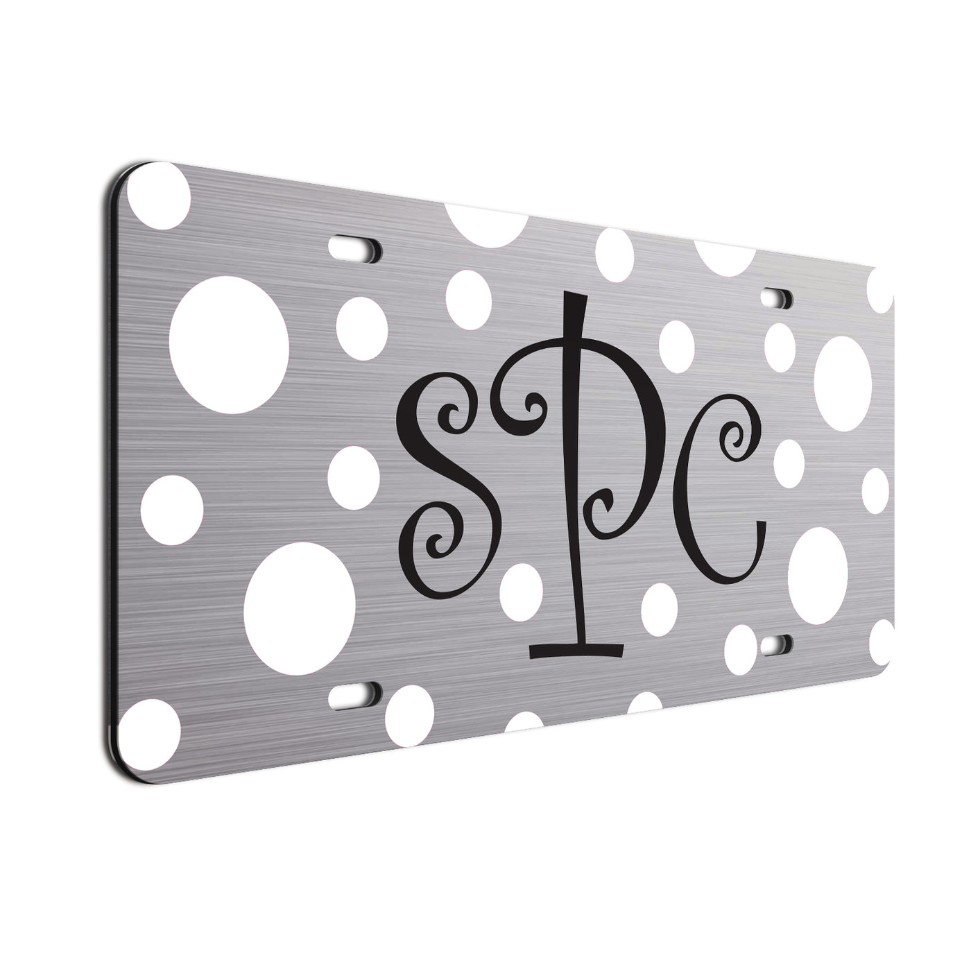 Monogram Polkadots Curls Car License Plate White