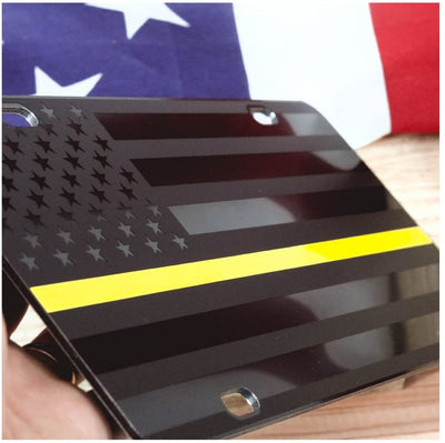American Flag License Plate Black Yellow Line