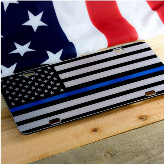 Thin Red Line Ghost Flag License Plate - Brushed Aluminum Tactical USA Car Tag 6x12 Inch
