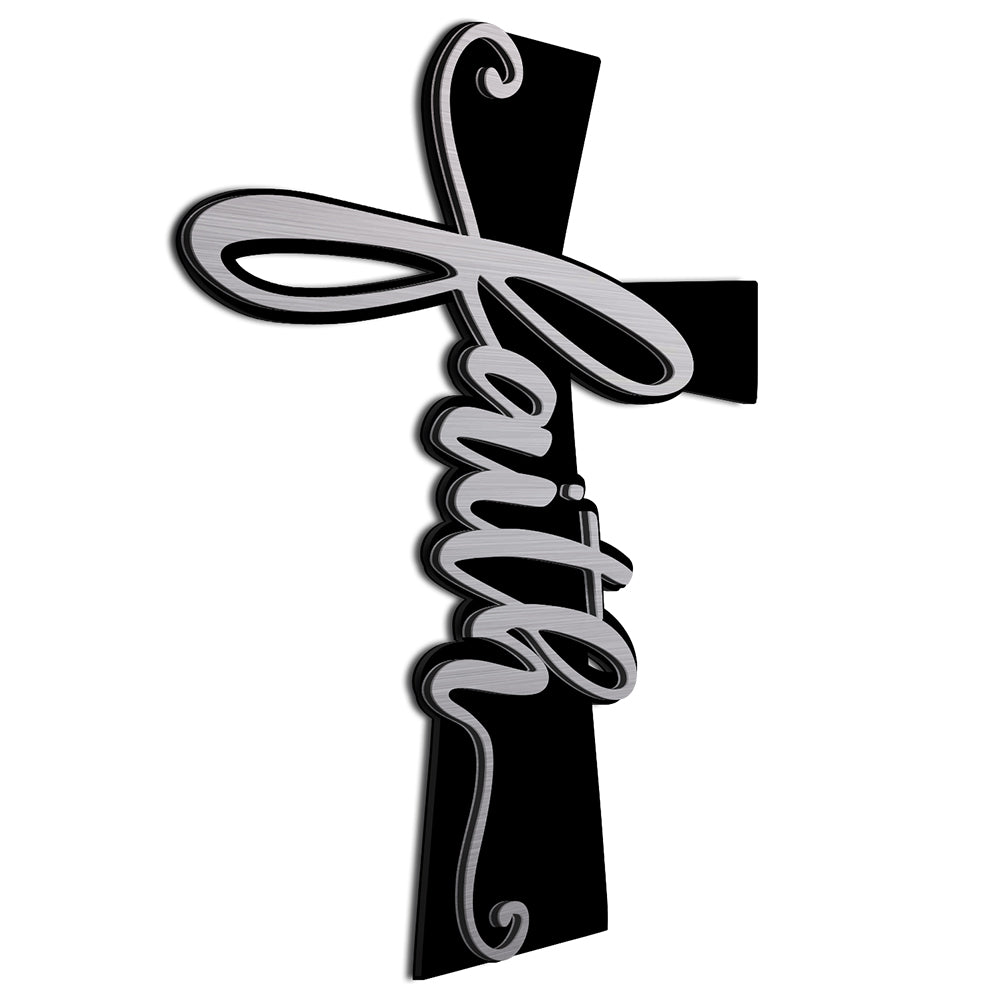 Aluminum Faith Cross Decor: 30" black cross with the word faith written down the left side in a brushed finish. 