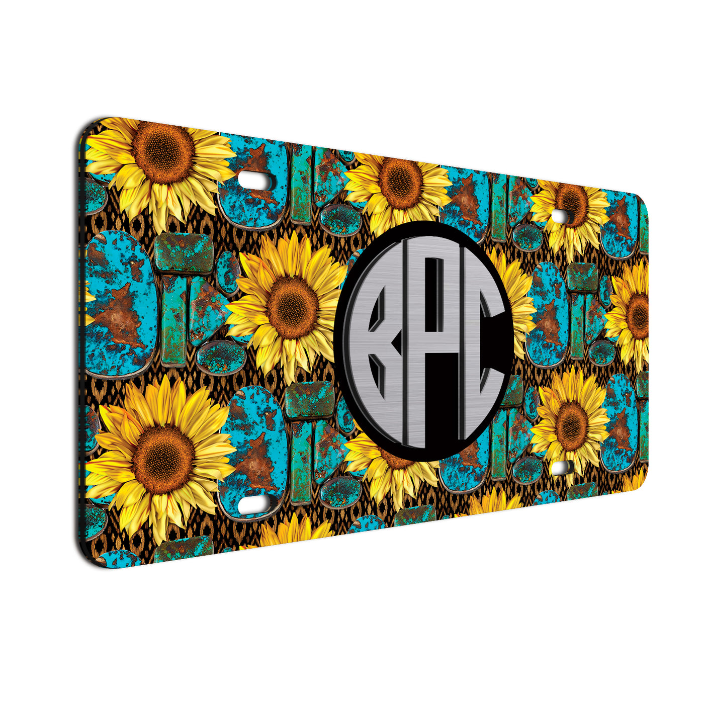 3D Monogram License Plate Turquoise Sunflower